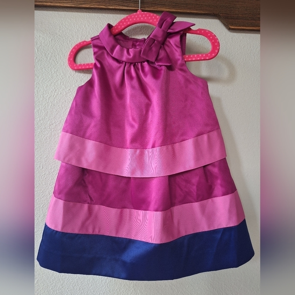 Janie and Jack Winter Brights Satin Pink/Navy Dress Lined Holiday Size 18/24 Mn